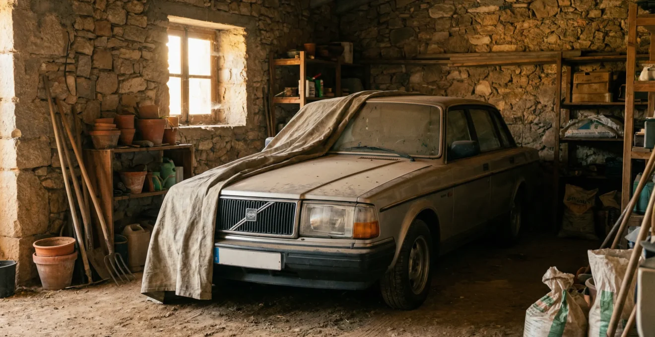 Coche familiar aparcado en garaje de segunda residencia con luz natural