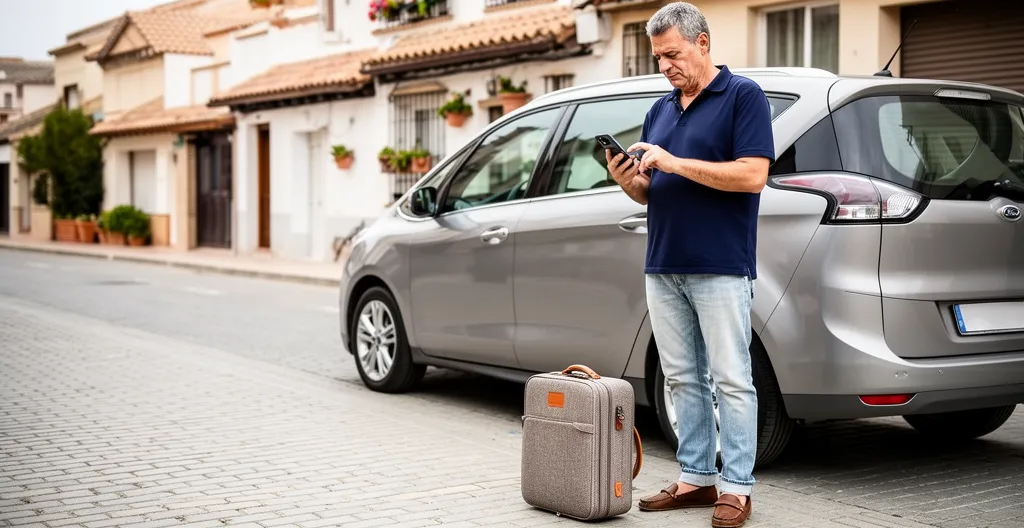 Conductor consultando seguro de coche por días en smartphone antes de viaje