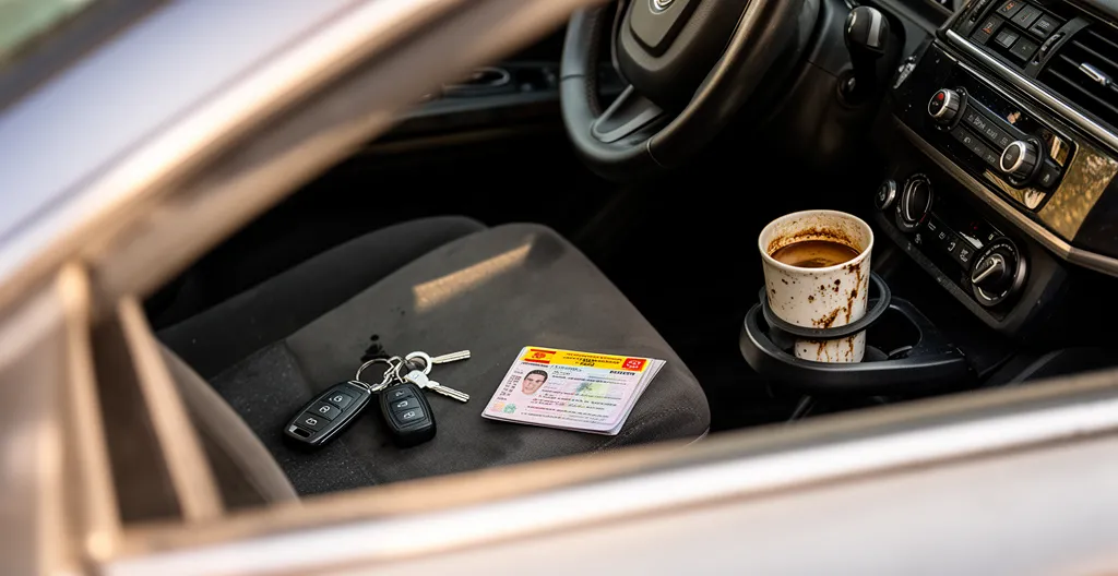 Llaves y carnet de conducir preparados en asiento de coche antes de contratar seguro temporal