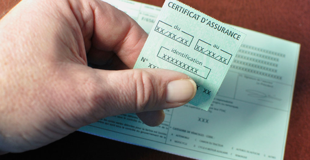 Primer plano de unas manos sosteniendo una carta verde y un permiso de conducir sobre el capó de un vehículo