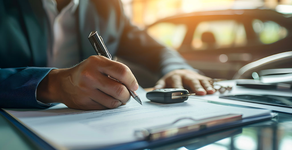 Una persona sentada en el asiento del conductor consulta su teléfono móvil con varios documentos sobre el salpicadero