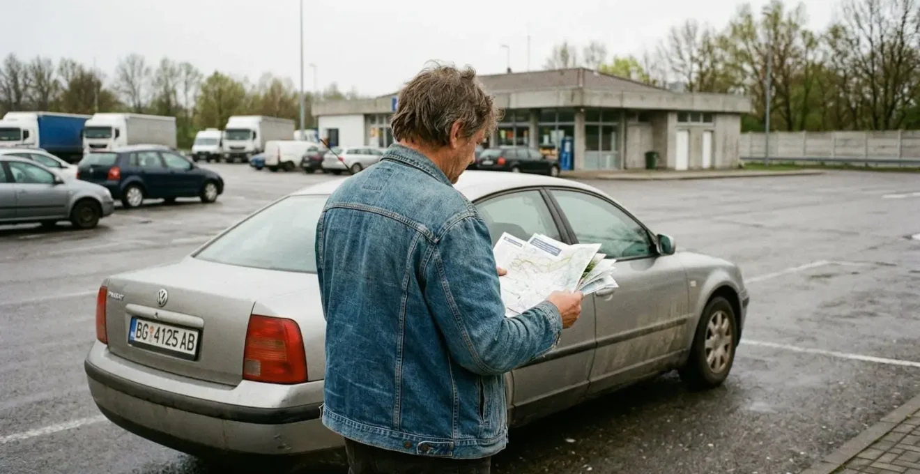 Una persona de espaldas consulta varios papeles junto a un coche con matrícula extranjera en un área de descanso de carretera