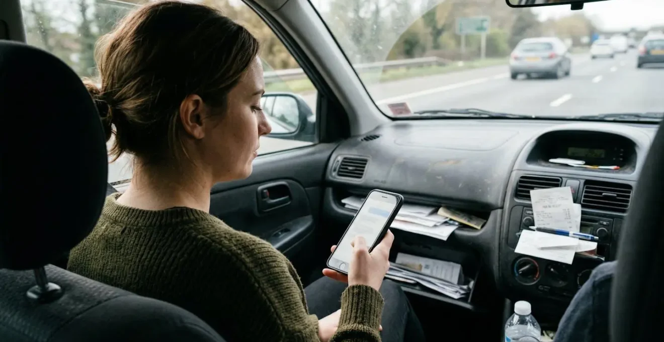 Una persona sentada en el asiento del conductor consulta su teléfono móvil con varios documentos sobre el salpicadero