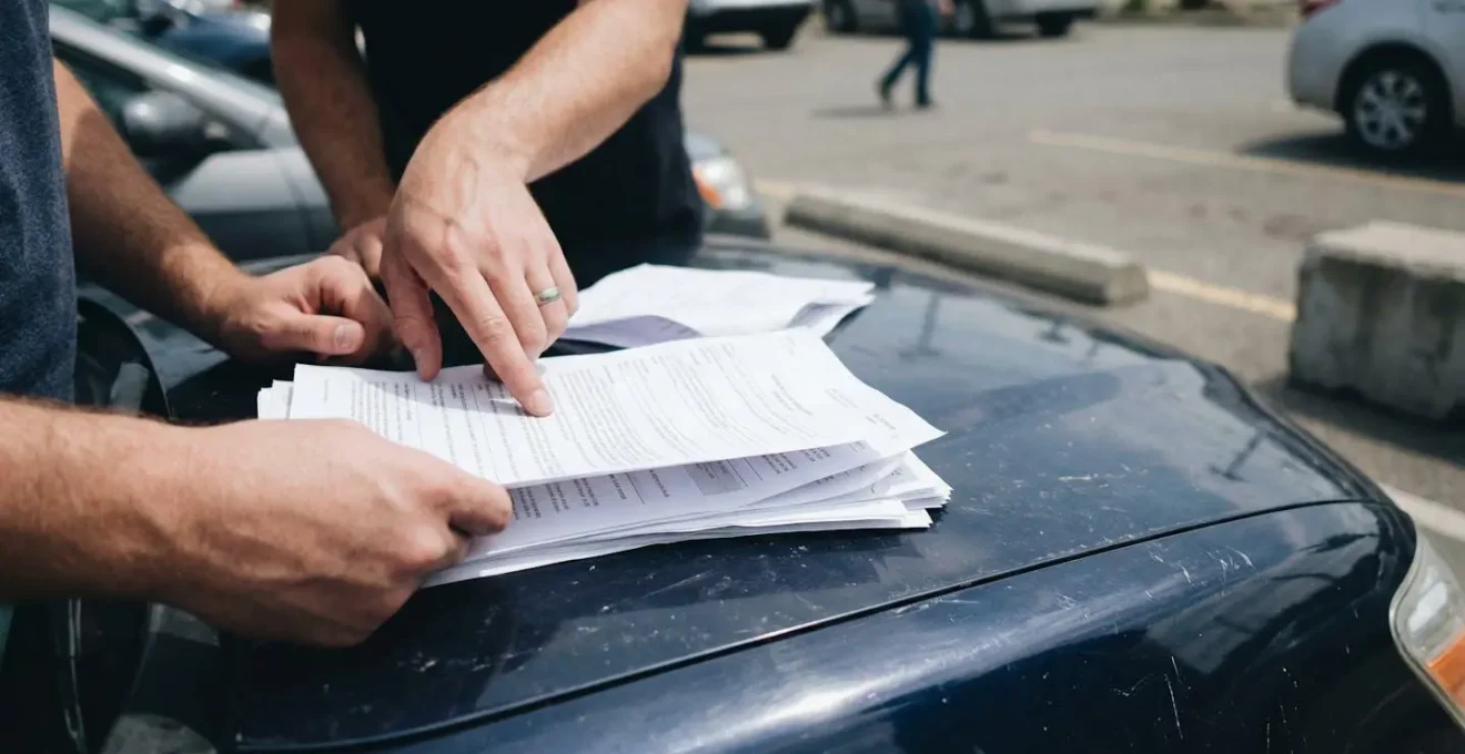 Primer plano de unas manos sosteniendo una carta verde y un permiso de conducir sobre el capó de un vehículo
